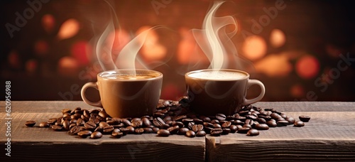 Coffee cups with coffee beans on wooden table and bokeh background