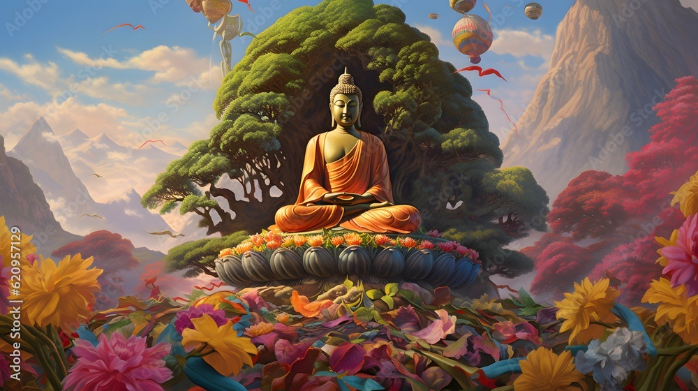 Buddha Statue beautiful background wallpaper design, Buddism, Buddist Asian, religion, Generative AI