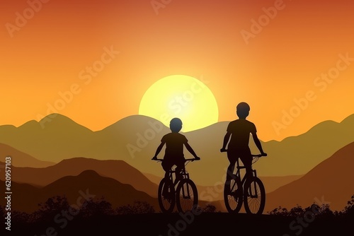 Backpacker family ride a bike on the road at sunset go to the mountain, behind view, silhouette, AIi generated