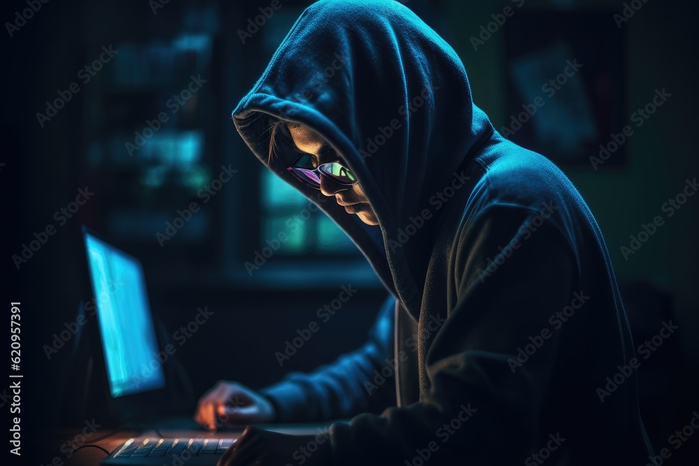 hacker wearing a hoodie sitting at their desk break into a secure network with their computer, AI generated hacker wearing a hoodie sitting at their desk break into a secure network with their computer, AI generated