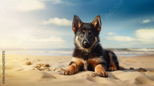 Cute adorable young German Shepherd puppy at sunny beach and seaside in summer. Digital illustration generative AI. photo