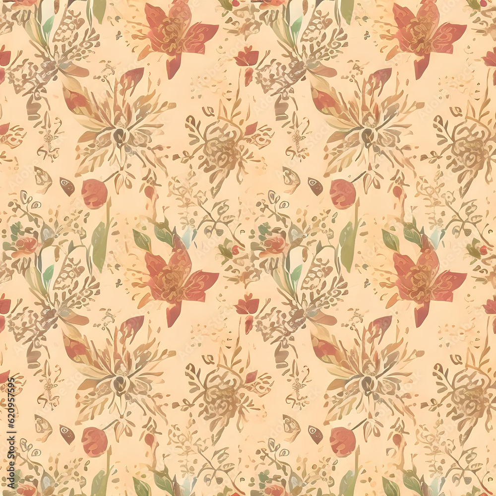 seamless floral pattern with leaves in orange, green and red colors in pastel shades