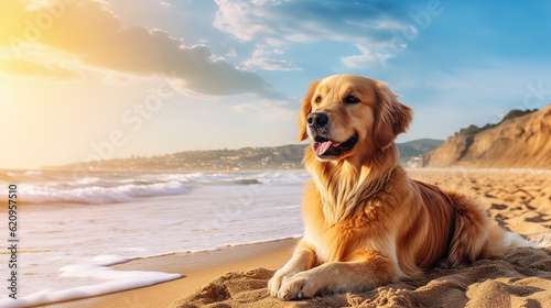 Cute golden retriever on the beach at the seaside during sunrise or sunset.