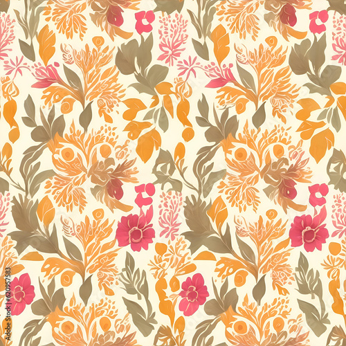 seamless floral pattern with leaves in orange, green and purplish purple on a white background in pastel shades