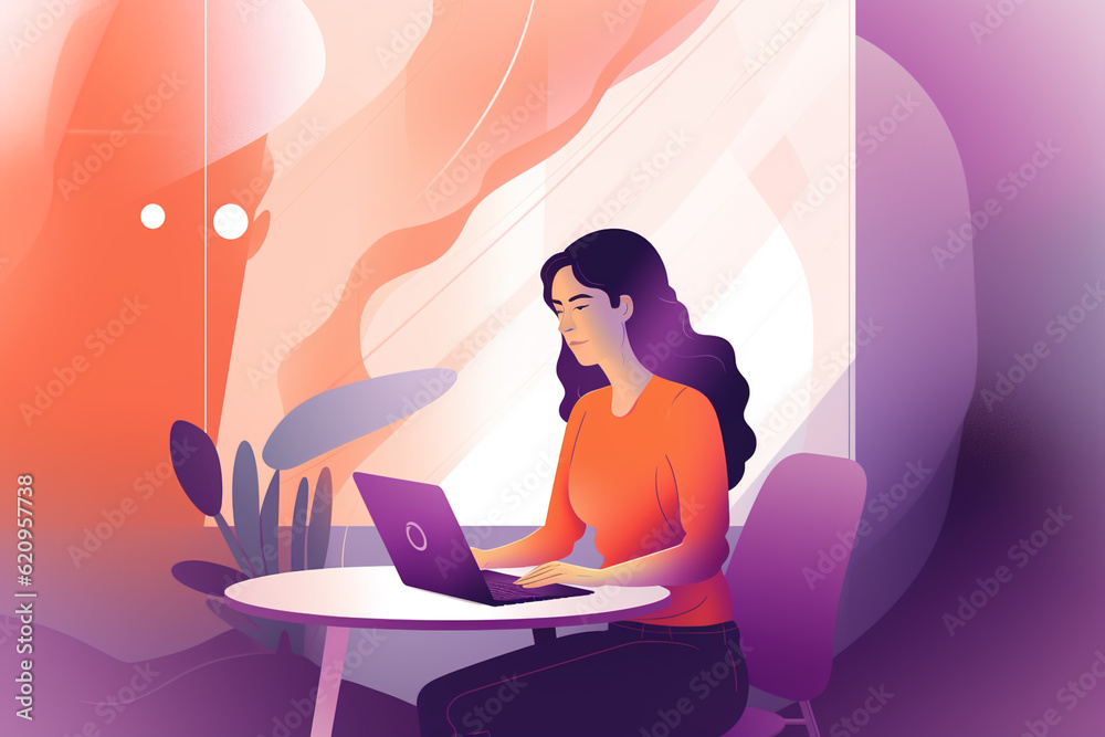 Illustration of a long-haired woman working on her laptop. ia generate Illustration of a long-haired woman working on her laptop. ia generate