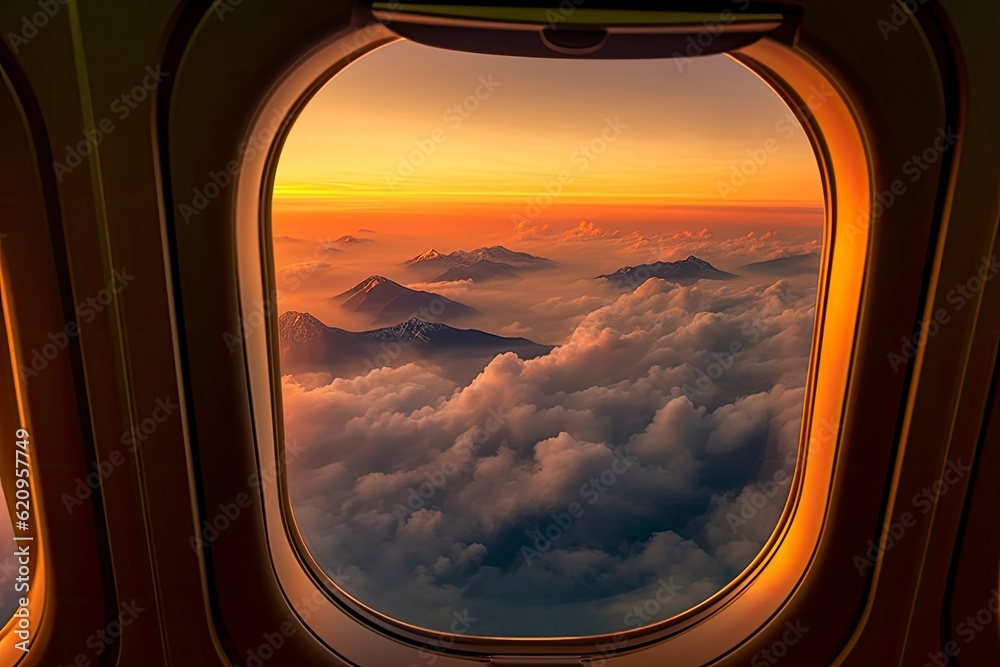 View from Airplane Window at Sunset. Calm and Sleepy Mood in Air Travel Concept. Dark Atmospheric Toned Photo. 
Created using generative AI tools