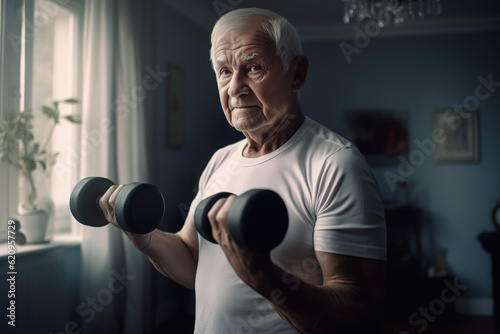 Older white-haired man exercising. ia generate