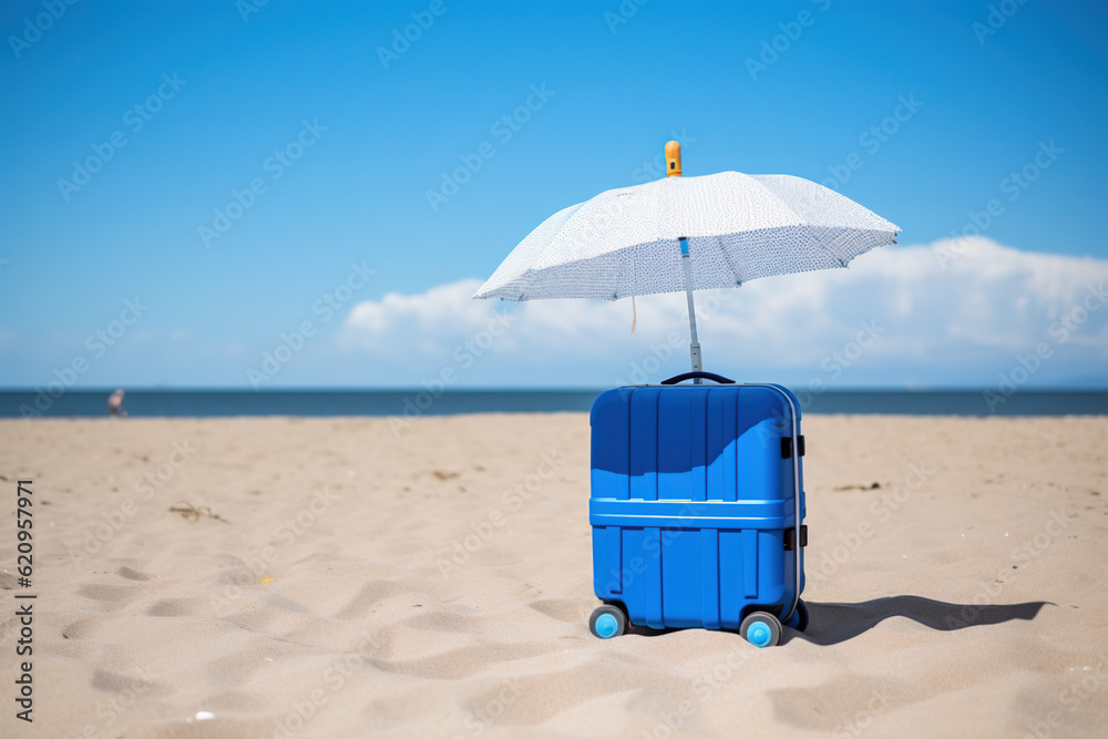 Blue travel luggage on the beach. Summer vacation. Generative AI. Blue travel luggage on the beach. Summer vacation. Generative AI.