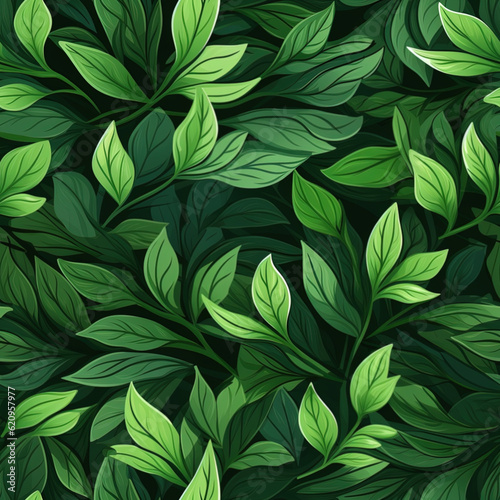 Seamless pattern with green leaves. Generative AI.
