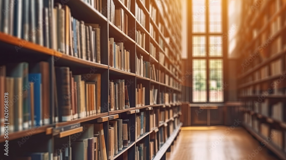 View of the aisle of a library with many old books