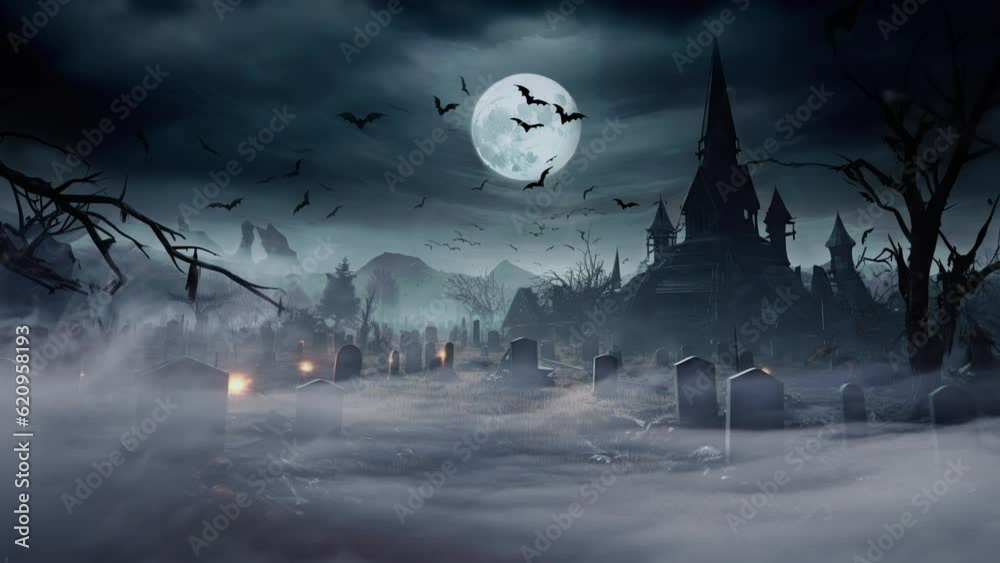 Halloween illustration featuring a spooky house surrounded by bats and a misty graveyard. A full moon adds to eerie ambiance, creating a sense of mystery and horror. Concept of a scary haunted house.