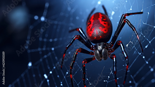 Close-up of a black widow spider on its intricate web. Generative Ai.