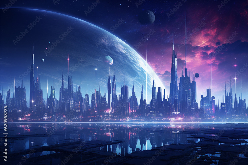night landscape view cyberpunk city illustration