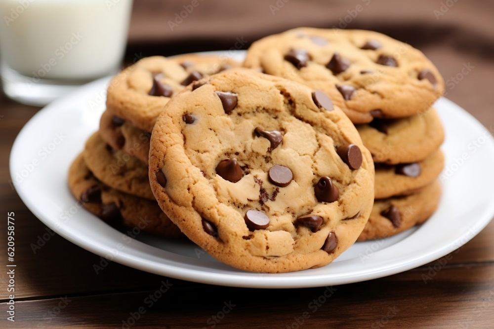 Irresistible Indulgence: Chocolate Chip Cookies on Plate. Generative AI