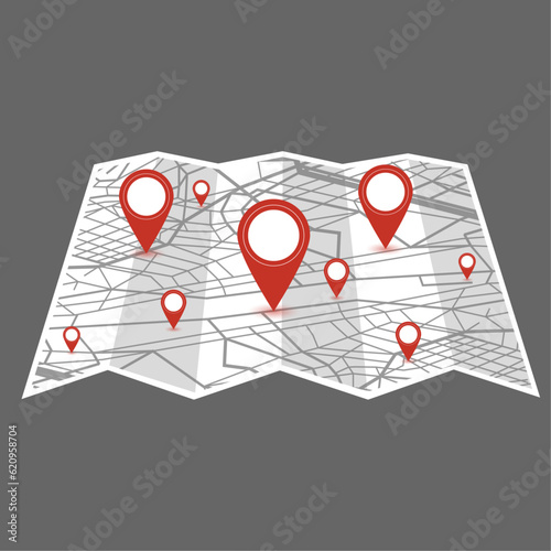 paper city road map with folds. navigator marker on the map