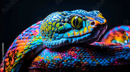 Close up of surreal brightly colored snake  made with generative ai