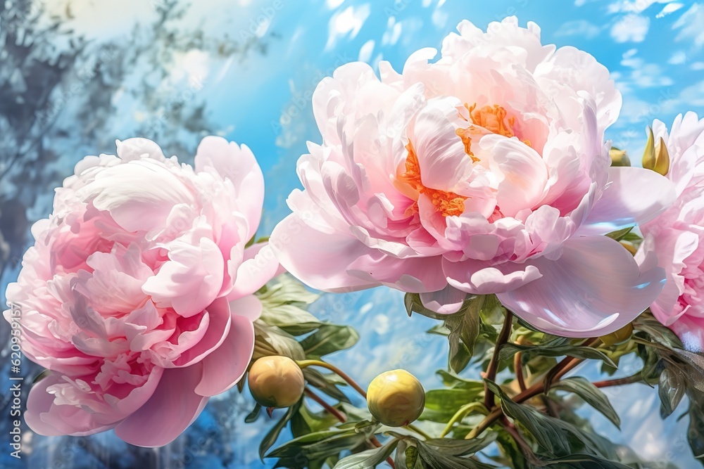Beautiful pink color peonies with green leaves and blue sky photo, flower illustration garden flowers for postcard decor wallpaper book Generative AI
