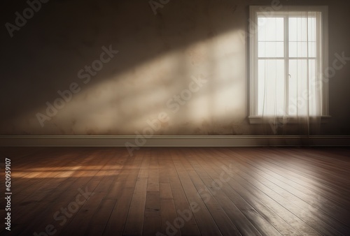 Room with sunlight through window and wood floor empty space minimalist abstract background for product presentation interior design Generative AI