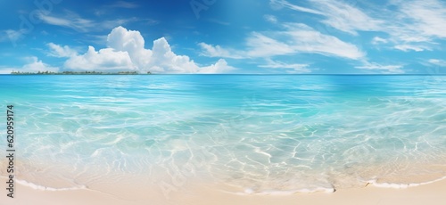Sandy coastline, clean beach and turquoise sea waves with sunbeams against blue sky with clouds, panorama illustration advertising banner travel Generative AI