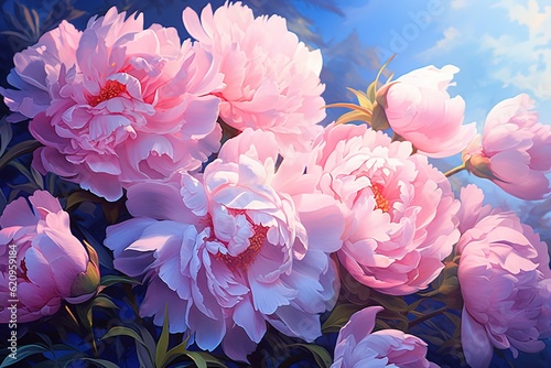 Fototapeta Naklejka Na Ścianę i Meble -  Fluffy pink color peonies with green leaves and blue sky background , flower illustration garden flowers for postcard decor wallpaper book Generative AI