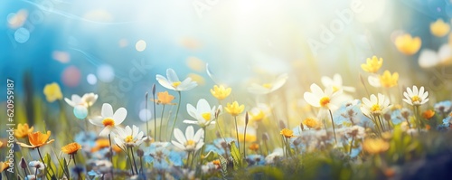 Spring landscape panorama with blooming flowers in meadow against blue sky, yellow white flowers daisies, clovers in grass, soft focus illustration banner format Generative AI