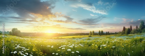 Landscape panorama with wildflowers on meadow green hills with trees against sunrise and blue sky soft focus illustration banner format Generative AI