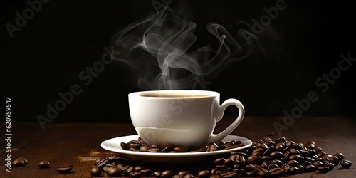 White Coffee Cup on Black Table with Coffee Beans. Closeup Background with Copy Space