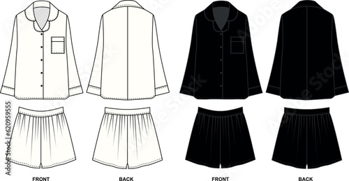 Vector sketch of pajama shirt and shorts in black and white. Outline sketch of shorts with gathers and jacket with long sleeves, collar, and button closure, front and back view. 