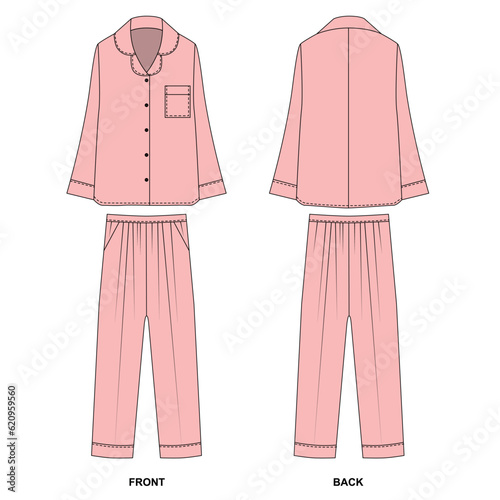 Vector sketch of pink colored pajamas. Drawing of pajama shirt with long sleeves and collar, front and back view. Drawing of pajama pants with pleats front and back view. 