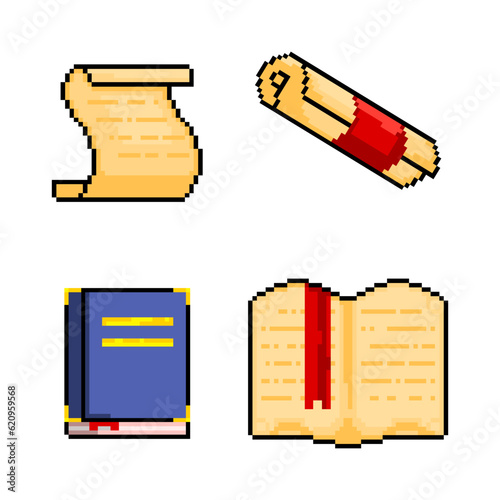 University, school icons pixel art set. Books and scrolls. vector illustration.