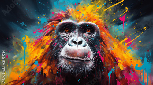 Vibrant Feline Strokes  Neon Oil Painting of a Ape in Expressive Brushwork