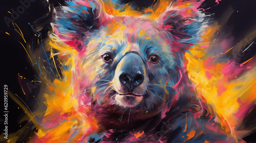 Vibrant Feline Strokes  Neon Oil Painting of a Koala in Expressive Brushwork