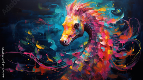Vibrant Feline Strokes  Neon Oil Painting of a Seahorse in Expressive Brushwork