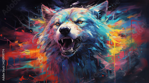 Vibrant Feline Strokes: Neon Oil Painting of a Wolf in Expressive Brushwork