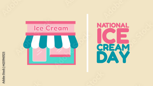 Text of Ice Cream Day with Building Shop in Blue Pink White Color for Template Card, Banner, Website, Sale Promo
