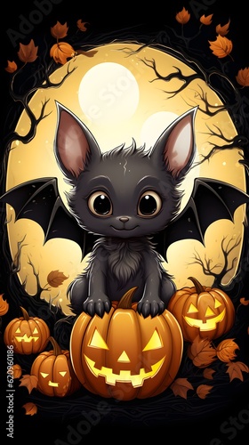 Cute bat with pumpkins  halloween motive  generated with ai