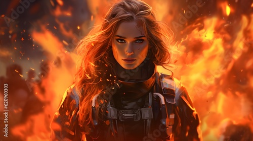 Female Fire Fighter surrounded by flames. Generated with ai.