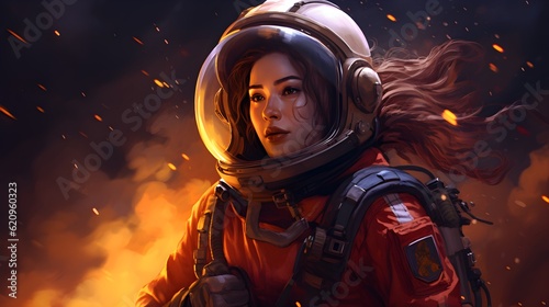 Female Asian Fire Fighter surrounded by flames. Generated with ai.