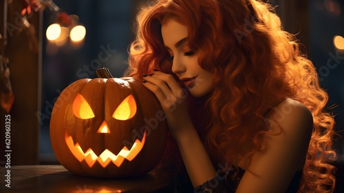 Sweet girl with pumpkin, Halloween motive generated with ai.
