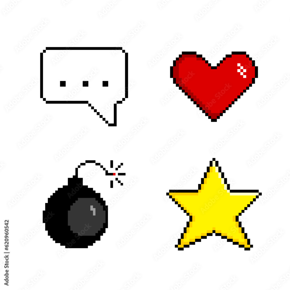 Pixel vector set icons for game, retro style.