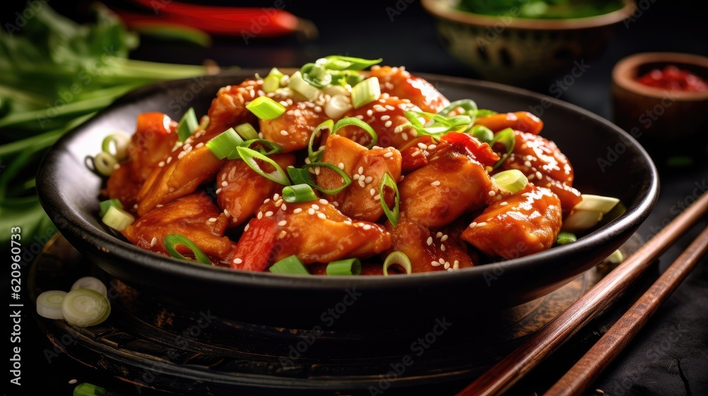 Asian Orange Chicken with Green Onions on a Wooden Table with Spices Asian Orange Chicken with Green Onions on a Wooden Table with Spices