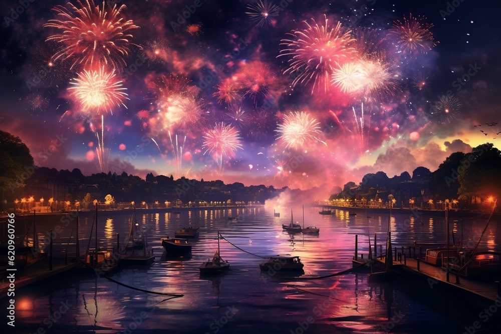 Spectacular River Fireworks Display. Generative AI