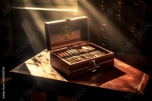 Cuban Essence: Box of Cigars on Wooden Table, Atmospheric Ambiance. Generative AI photo