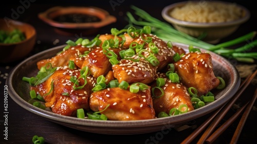 Asian Orange Chicken with Green Onions on a Wooden Table with Spices