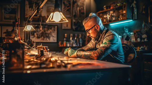 professional tattoo artist, tattooed man in art workshop, made with Generative AI