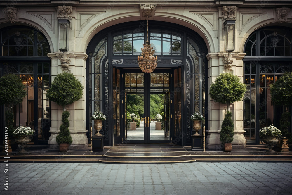 Entrance of luxury hotel. Generative AI.