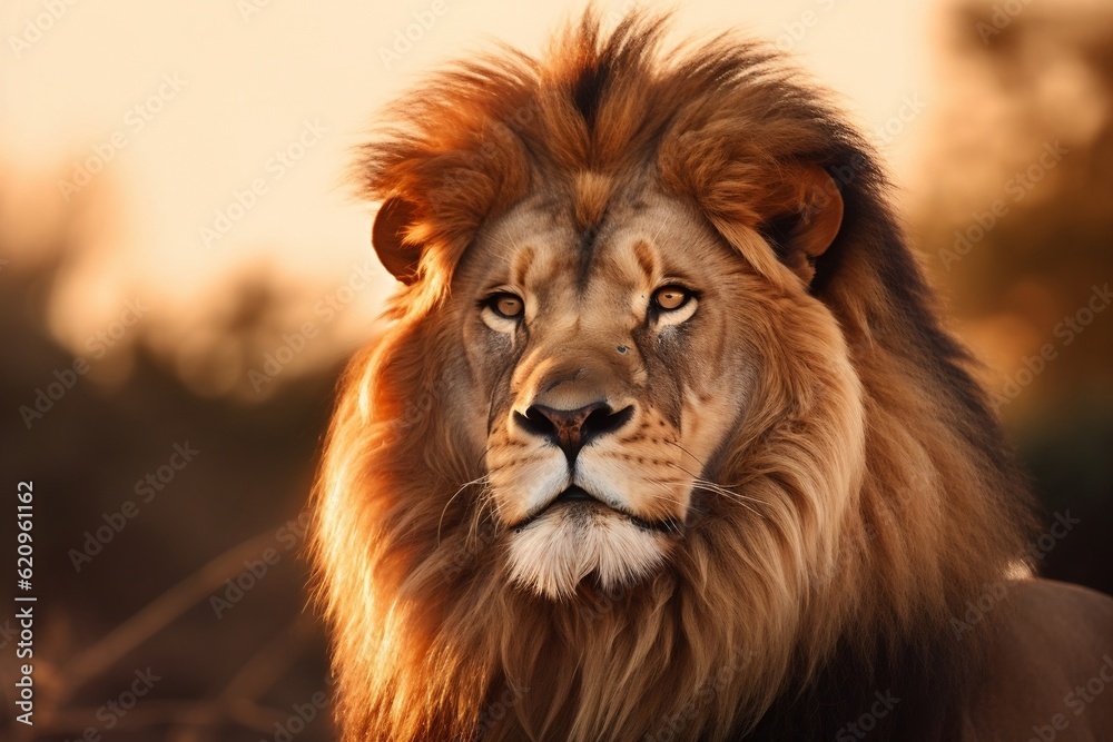 Majestic African Lion Portrait in the Warm Light - Free Photo. Generative AI