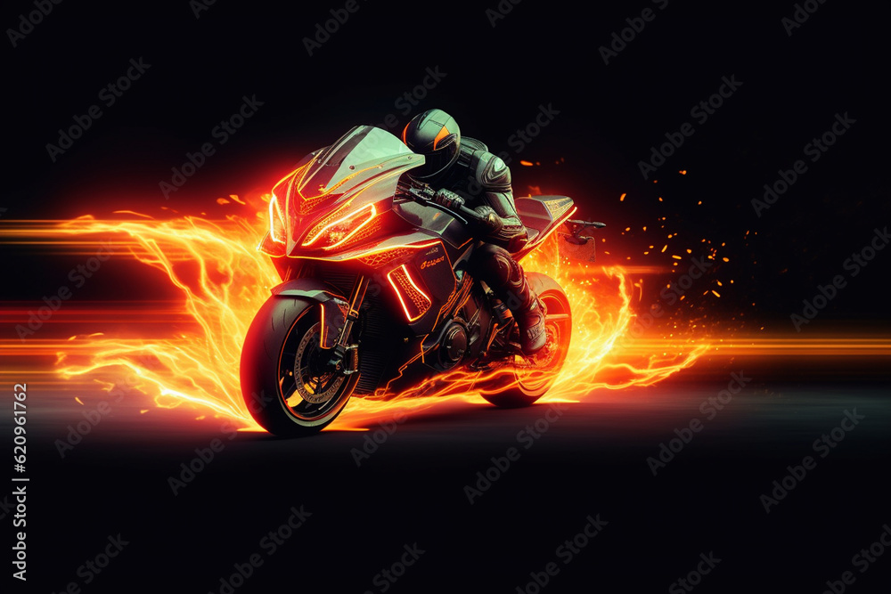 Motorcyclist in a helmet with a motorcycle on fire. 3d rendering