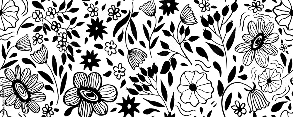 Vector floral pattern in doodle style with flowers and leaves. Gentle, spring floral background. Vector floral pattern in doodle style with flowers and leaves. Gentle, spring floral background.