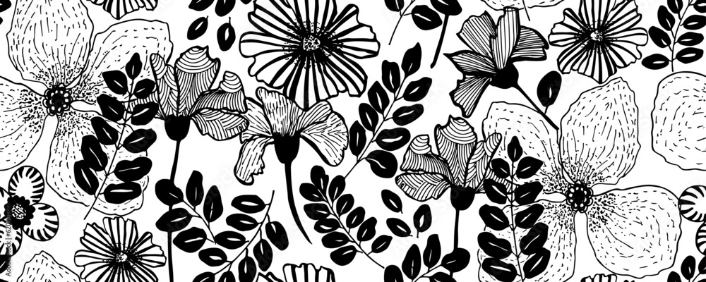 Seamless pattern modern abstract exotic leaves and flowers. Hand drawn vector botanical background. Black ink illustration with floral motif. Seamless pattern modern abstract exotic leaves and flowers. Hand drawn vector botanical background. Black ink illustration with floral motif.